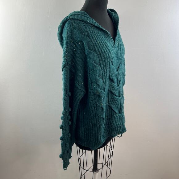 WILDFOX Pattie Green Sweater Chunky Knit V-Neck Hood Raglan Sleeve Size Large L - Picture 5 of 10